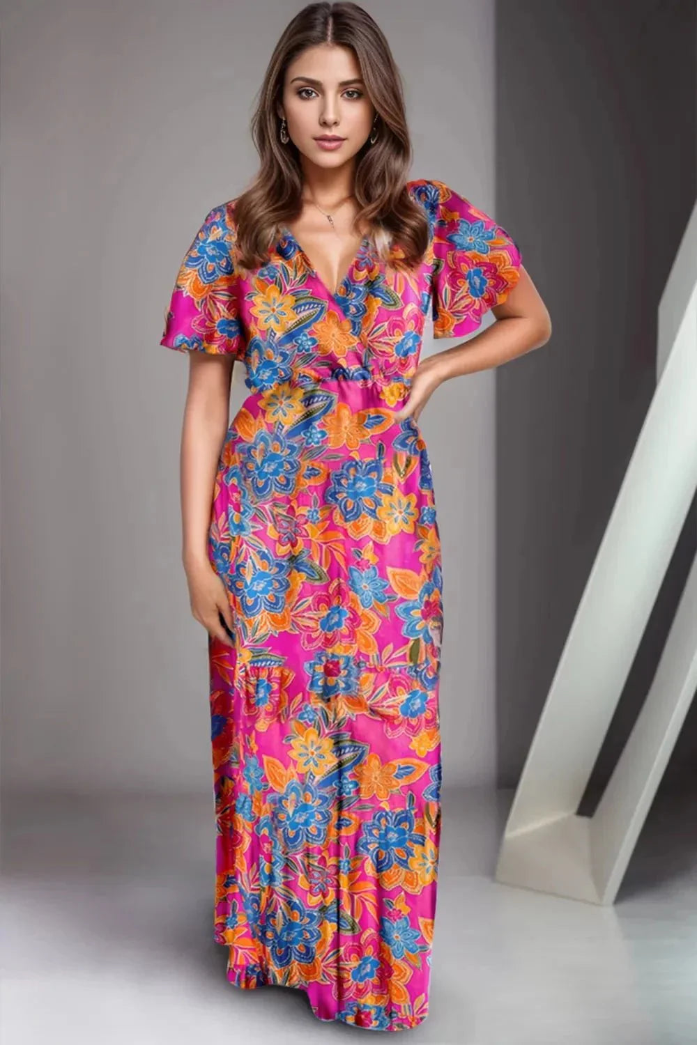 Printed Surplice Short Sleeve Maxi Dress - VILLA FASHION