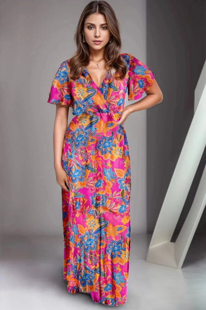 Printed Surplice Short Sleeve Maxi Dress - VILLA FASHION