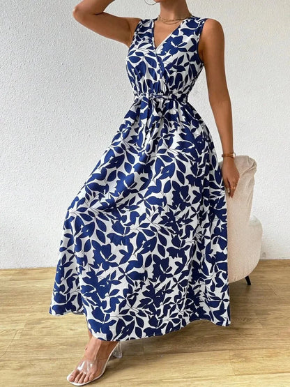 Printed Surplice Sleeveless Maxi Dress - VILLA FASHION