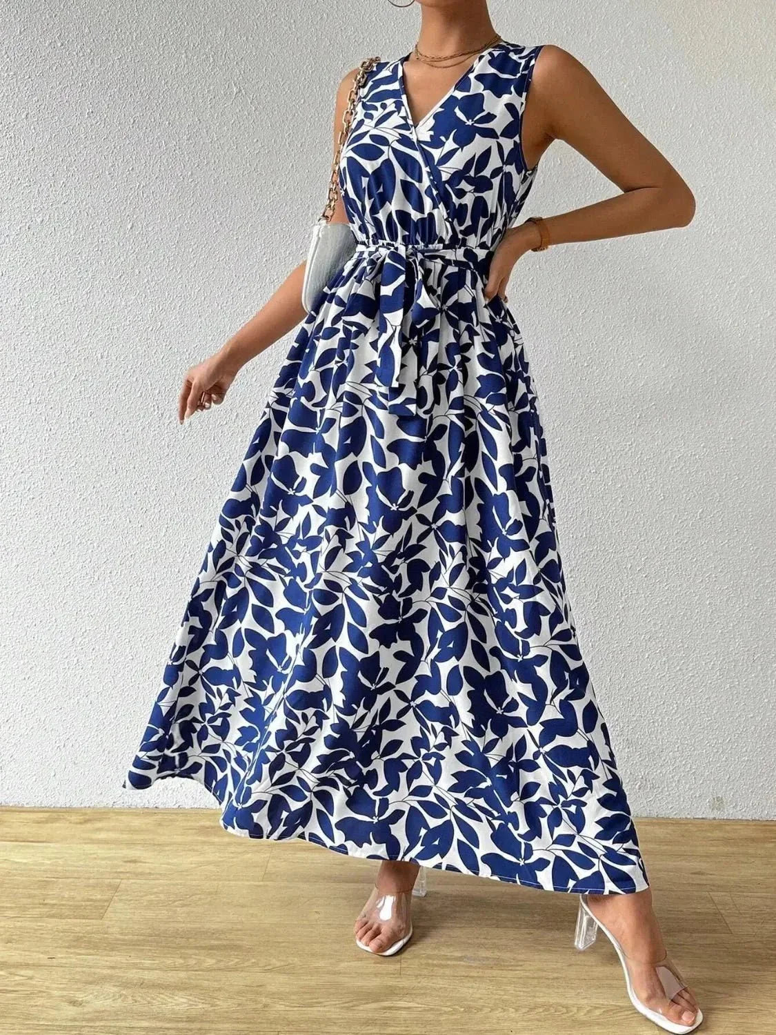 Printed Surplice Sleeveless Maxi Dress - VILLA FASHION
