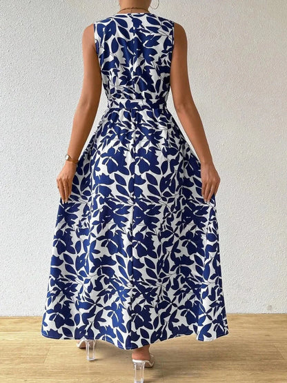 Printed Surplice Sleeveless Maxi Dress - VILLA FASHION