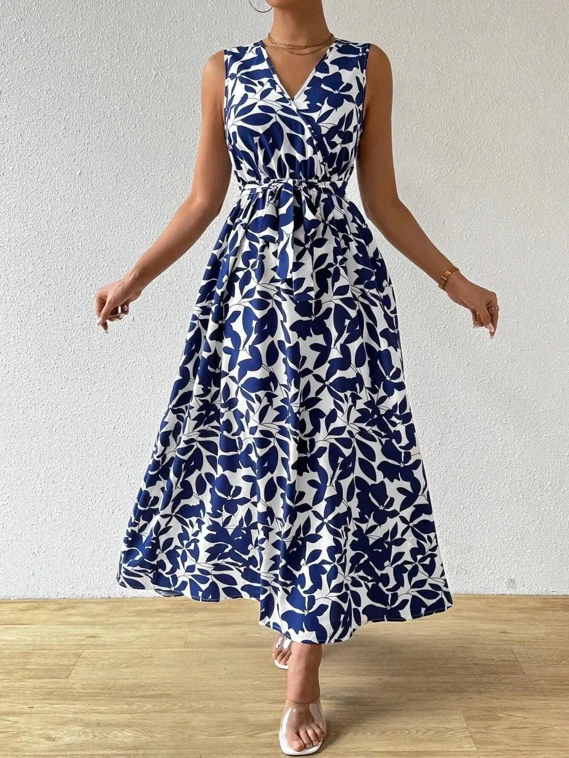 Printed Surplice Sleeveless Maxi Dress - VILLA FASHION