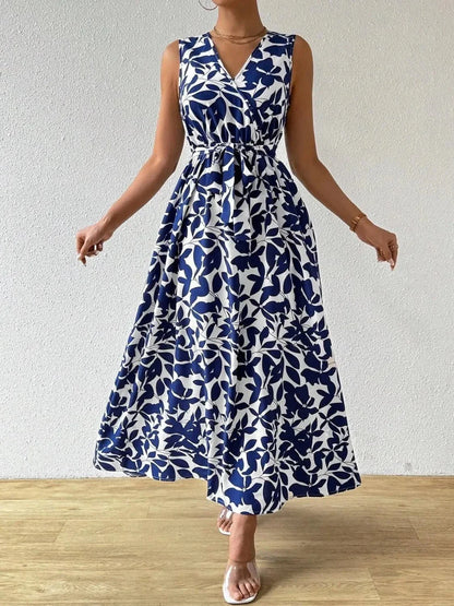 Printed Surplice Sleeveless Maxi Dress - VILLA FASHION