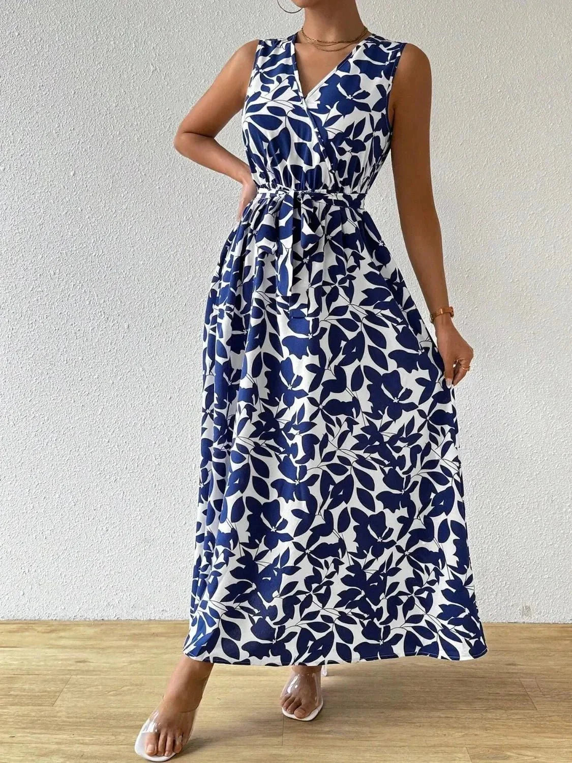 Printed Surplice Sleeveless Maxi Dress - VILLA FASHION