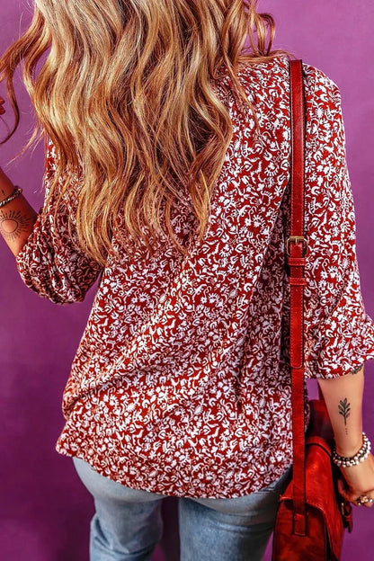 Printed Tie Neck Balloon Sleeve Blouse - VILLA FASHION