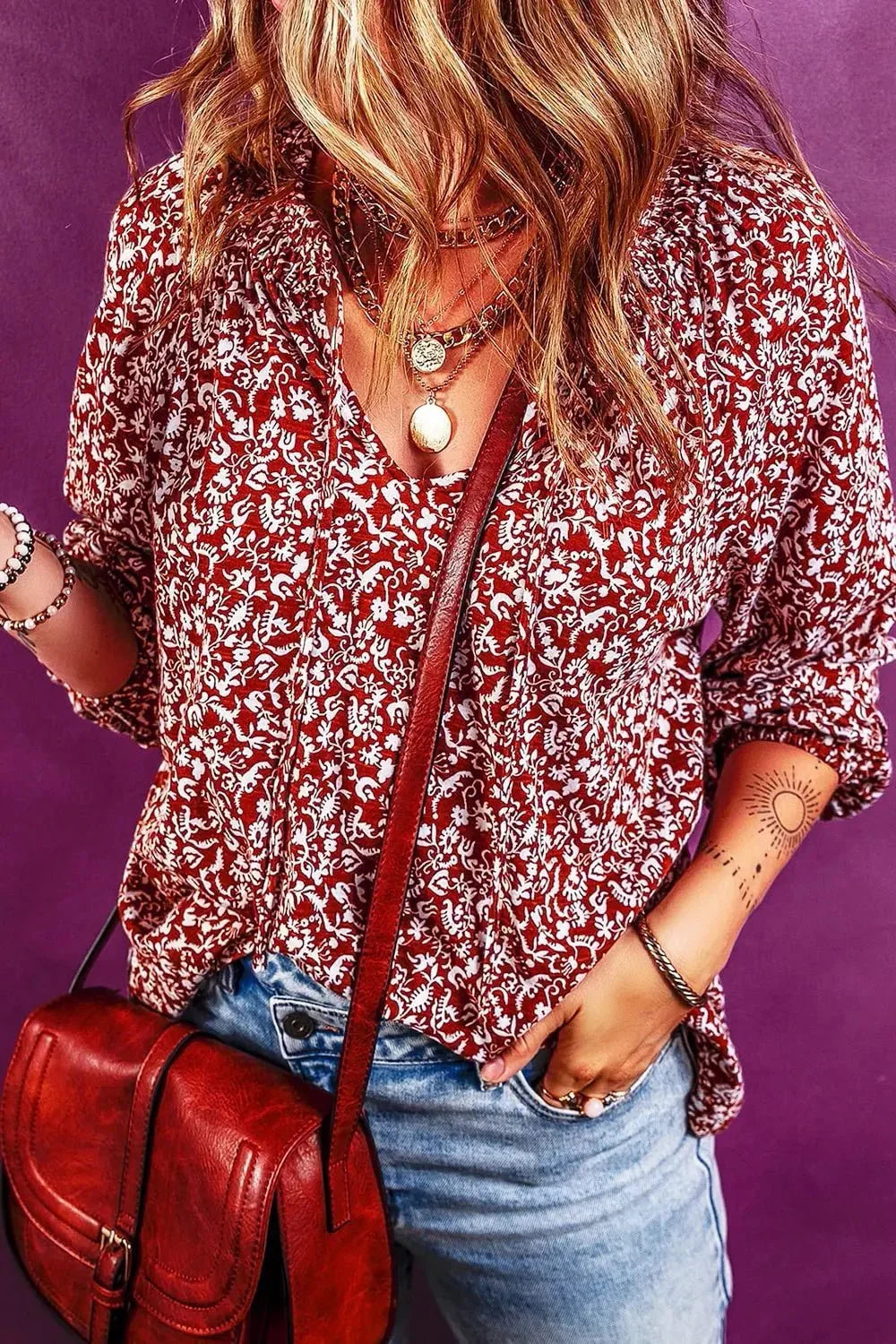 Printed Tie Neck Balloon Sleeve Blouse - VILLA FASHION