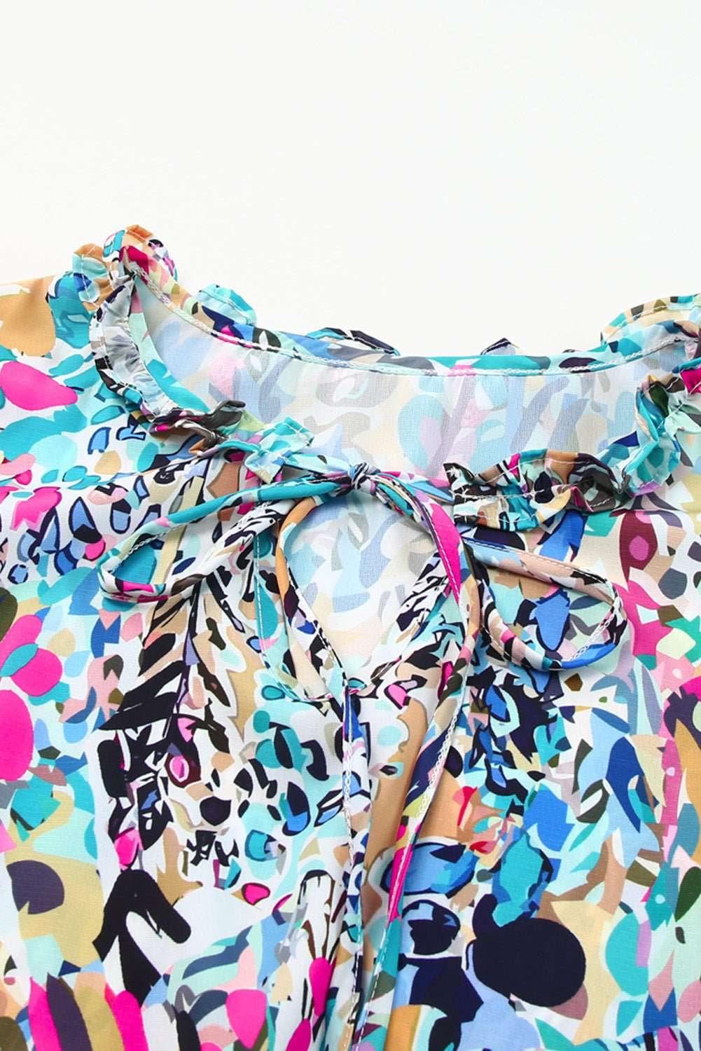 Printed Tie Neck Butterfly Sleeve Babydoll Top - VILLA FASHION