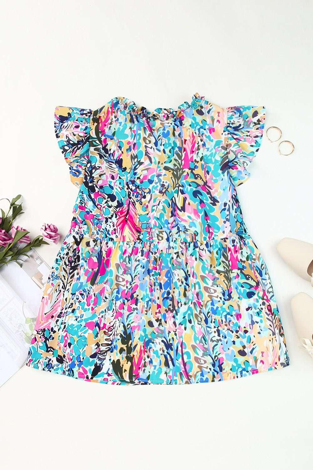 Printed Tie Neck Butterfly Sleeve Babydoll Top - VILLA FASHION