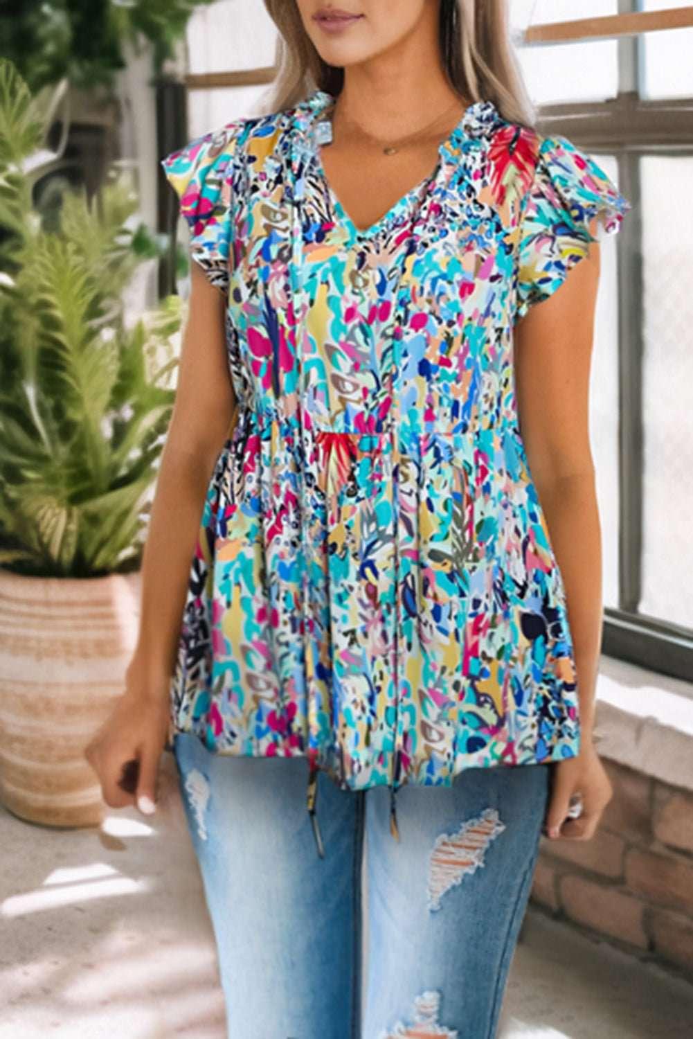Printed Tie Neck Butterfly Sleeve Babydoll Top - VILLA FASHION