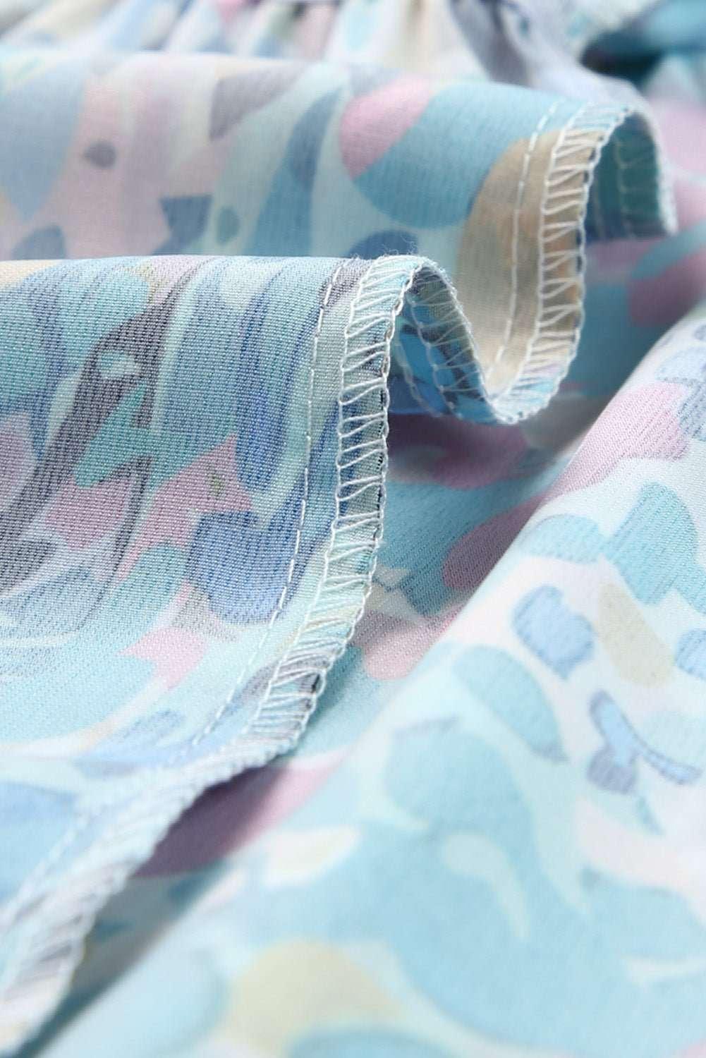 Printed Tie Neck Butterfly Sleeve Babydoll Top - VILLA FASHION