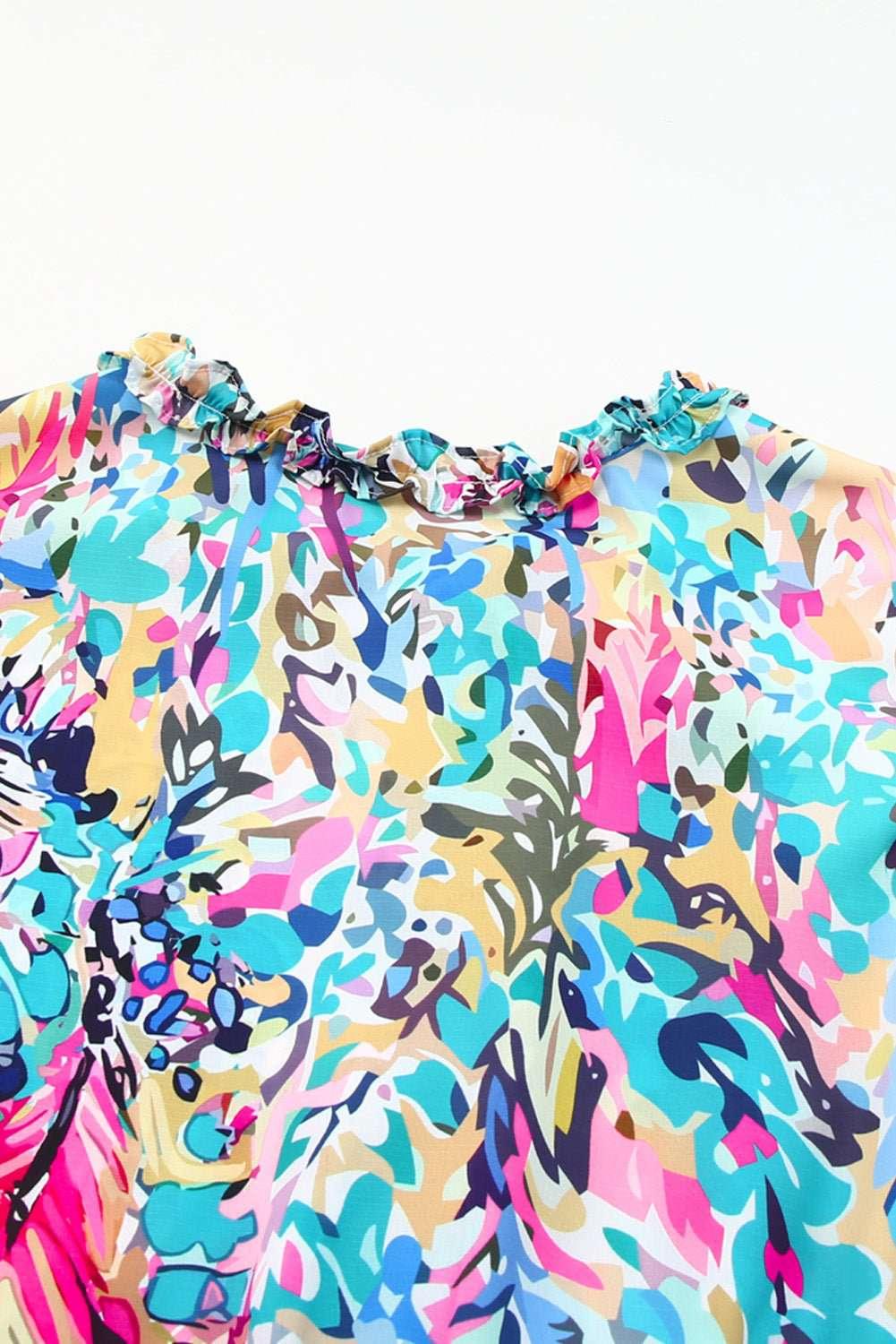 Printed Tie Neck Butterfly Sleeve Babydoll Top - VILLA FASHION