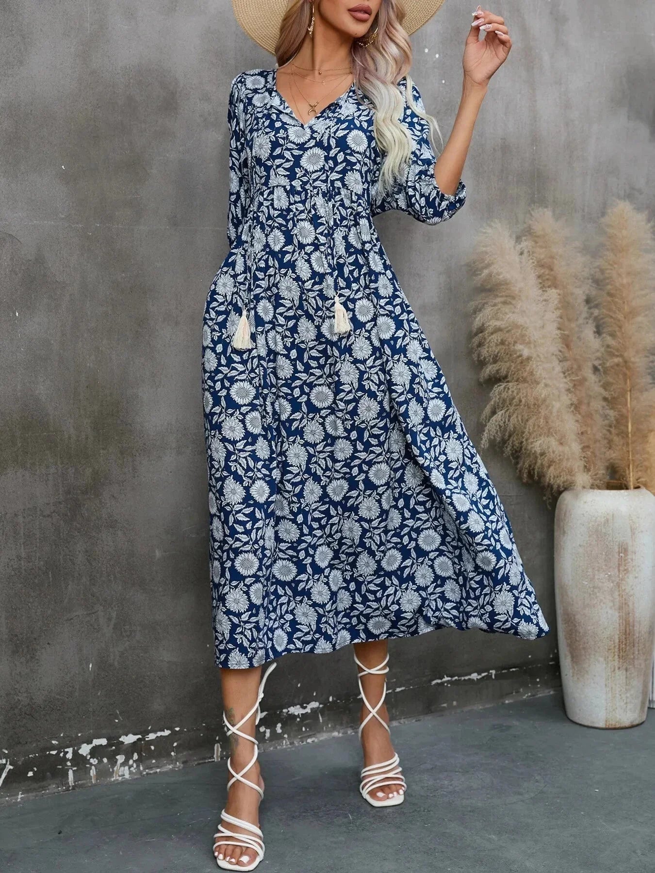 Printed Tie Neck Midi Dress - VILLA FASHION