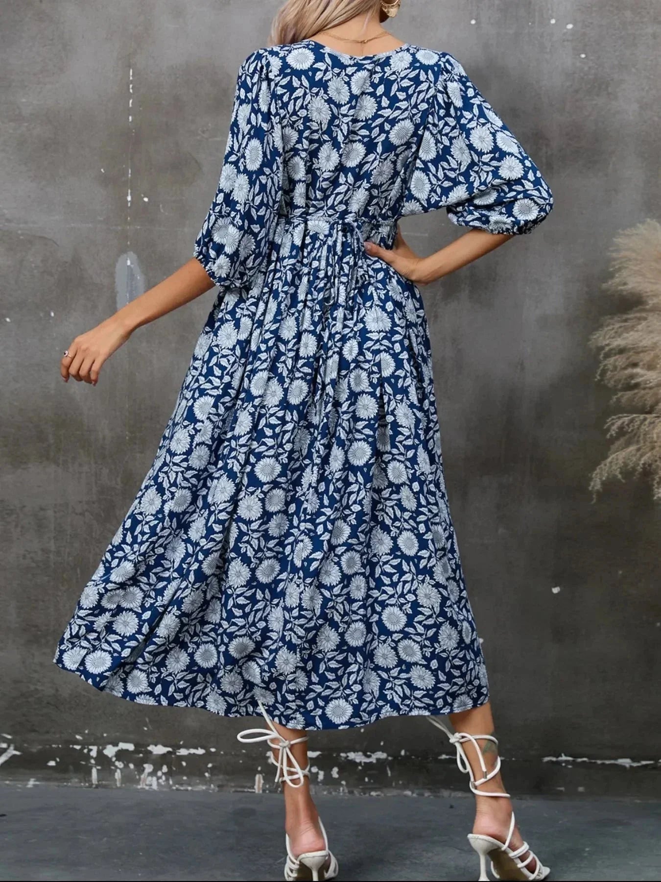 Printed Tie Neck Midi Dress - VILLA FASHION