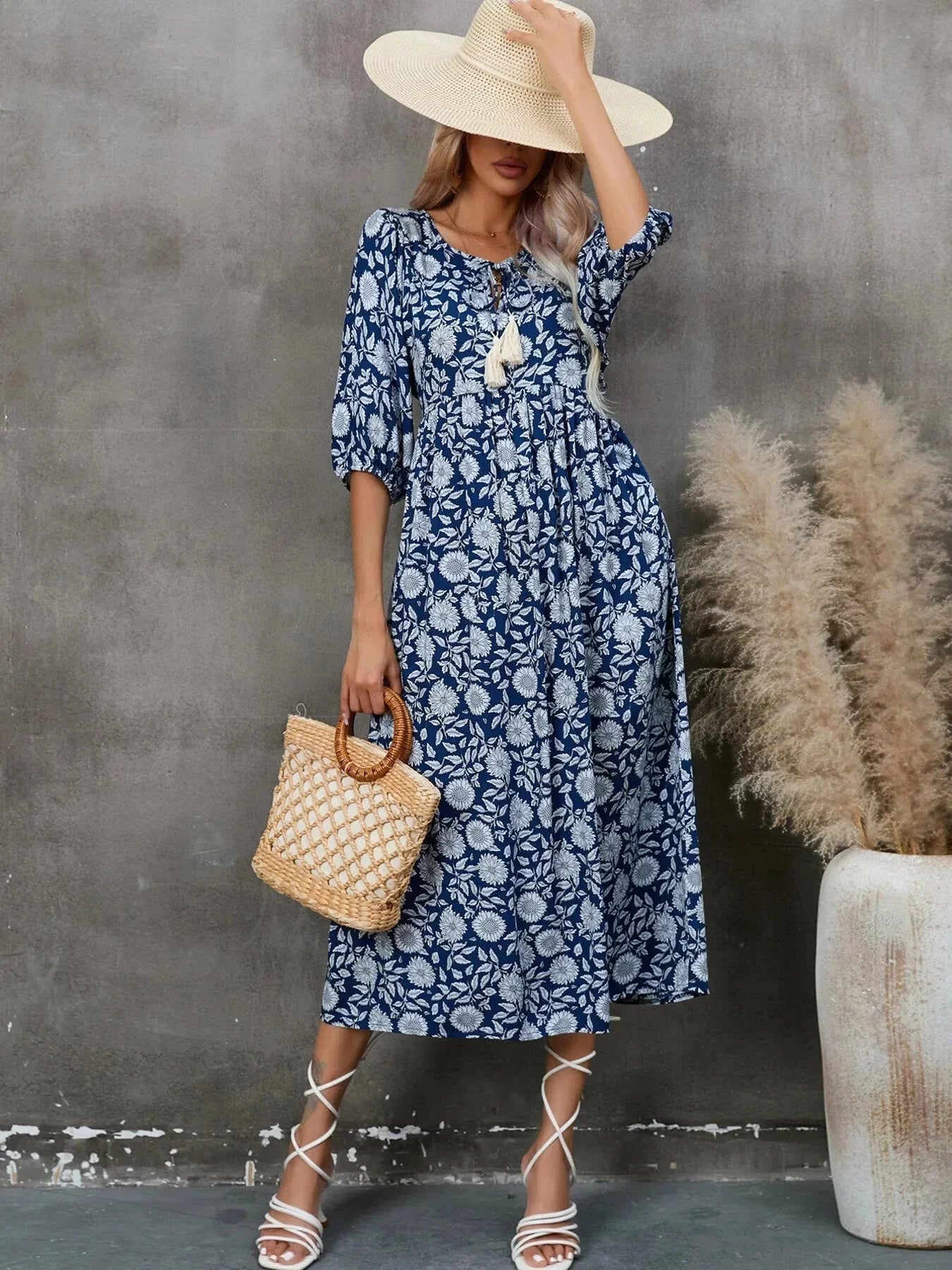 Printed Tie Neck Midi Dress - VILLA FASHION