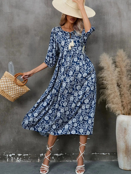 Printed Tie Neck Midi Dress - VILLA FASHION