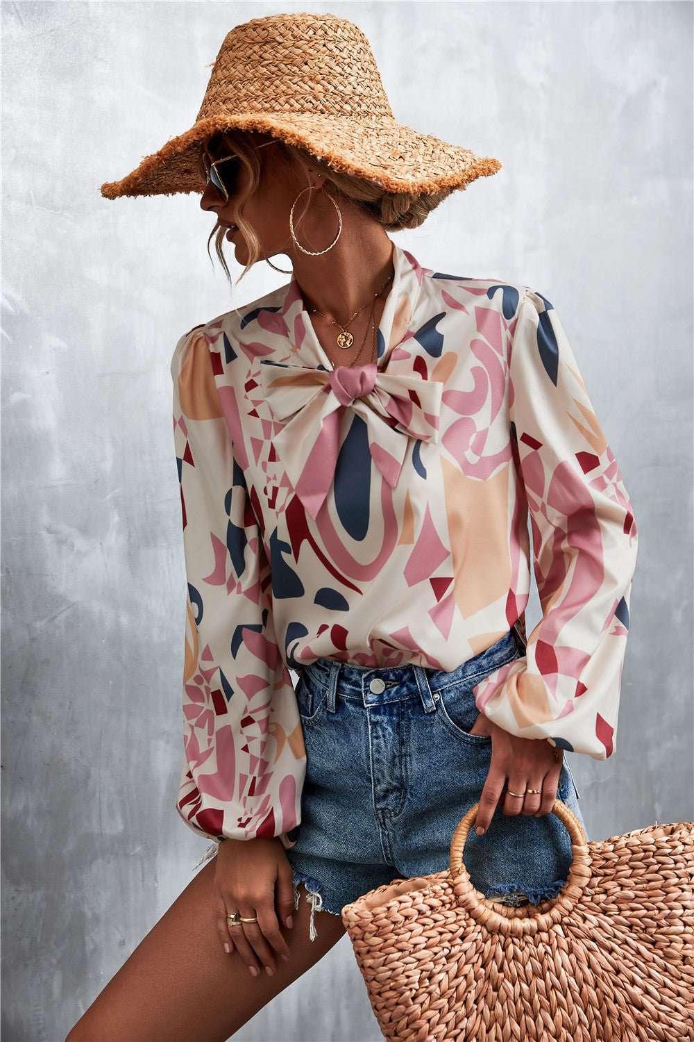 Printed Tie Neck Puff Sleeve Blouse - VILLA FASHION