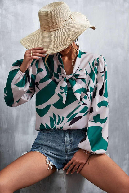 Printed Tie Neck Puff Sleeve Blouse - VILLA FASHION