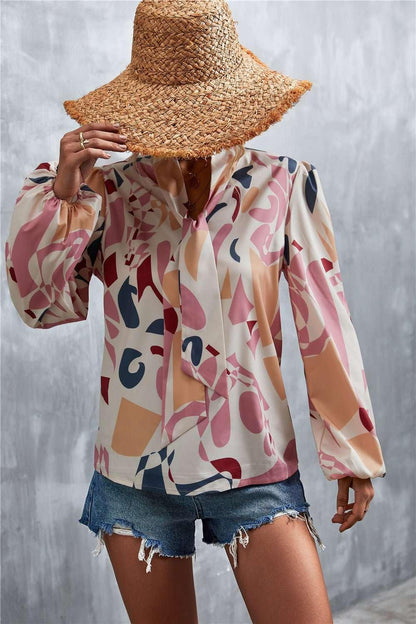 Printed Tie Neck Puff Sleeve Blouse - VILLA FASHION