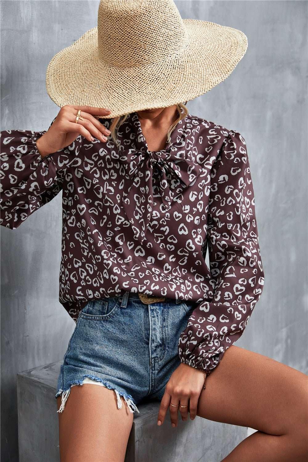 Printed Tie Neck Puff Sleeve Blouse - VILLA FASHION