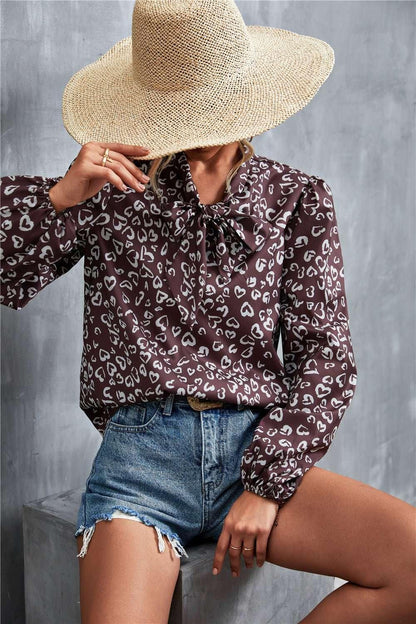 Printed Tie Neck Puff Sleeve Blouse - VILLA FASHION
