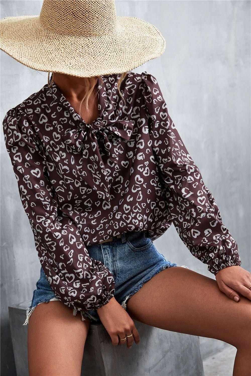Printed Tie Neck Puff Sleeve Blouse - VILLA FASHION