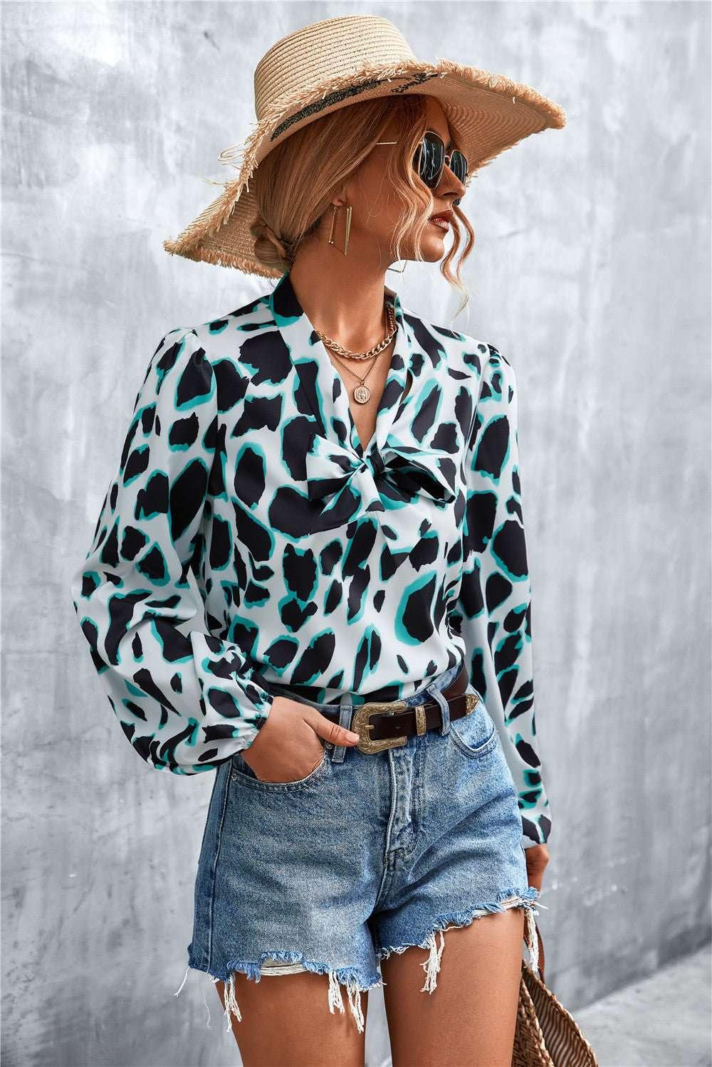 Printed Tie Neck Puff Sleeve Blouse - VILLA FASHION