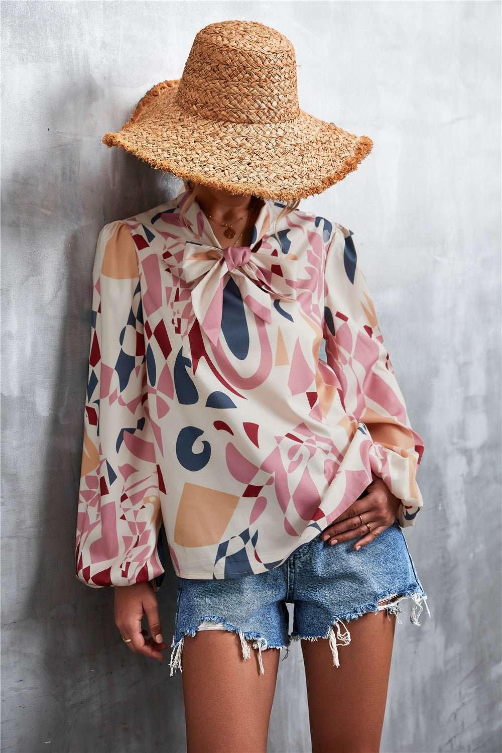 Printed Tie Neck Puff Sleeve Blouse - VILLA FASHION