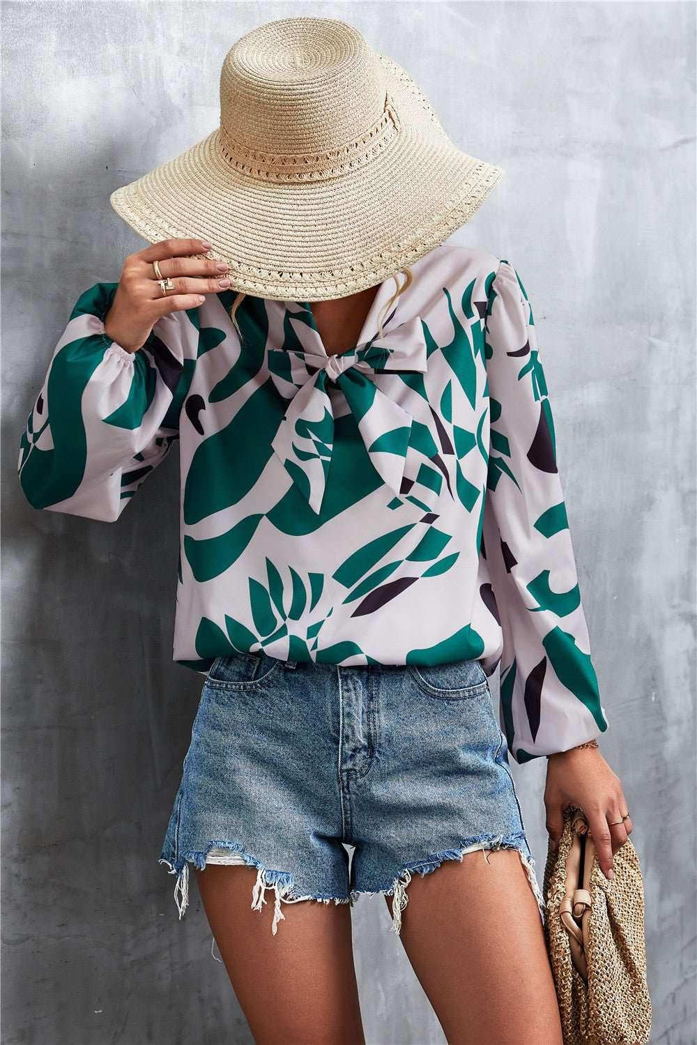 Printed Tie Neck Puff Sleeve Blouse - VILLA FASHION