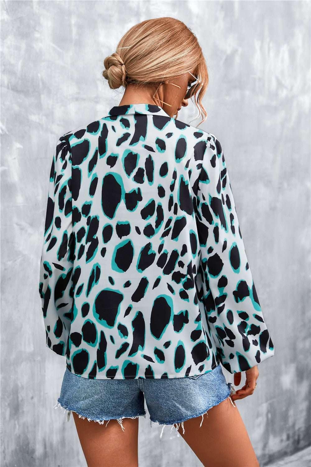 Printed Tie Neck Puff Sleeve Blouse - VILLA FASHION