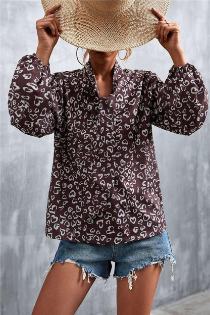 Printed Tie Neck Puff Sleeve Blouse - VILLA FASHION