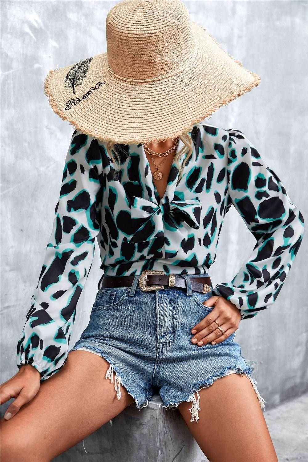 Printed Tie Neck Puff Sleeve Blouse - VILLA FASHION