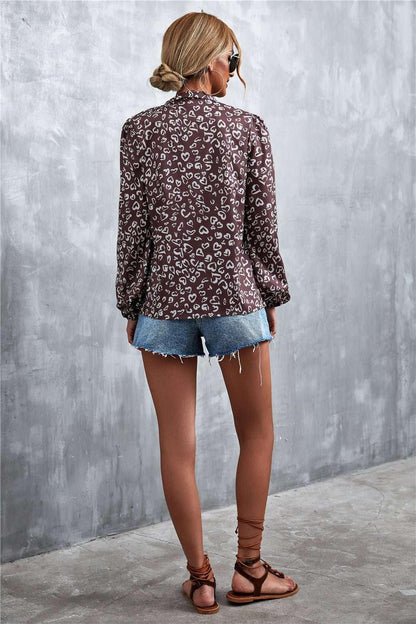 Printed Tie Neck Puff Sleeve Blouse - VILLA FASHION