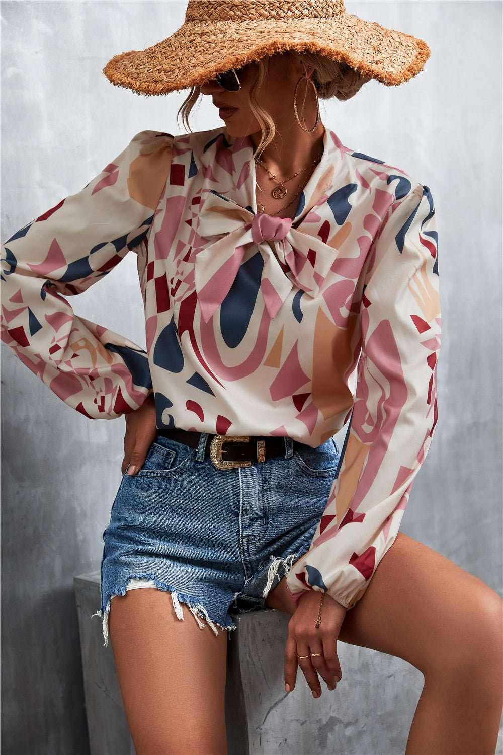 Printed Tie Neck Puff Sleeve Blouse - VILLA FASHION