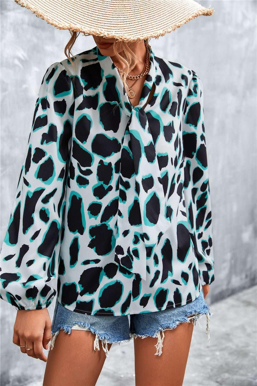 Printed Tie Neck Puff Sleeve Blouse - VILLA FASHION