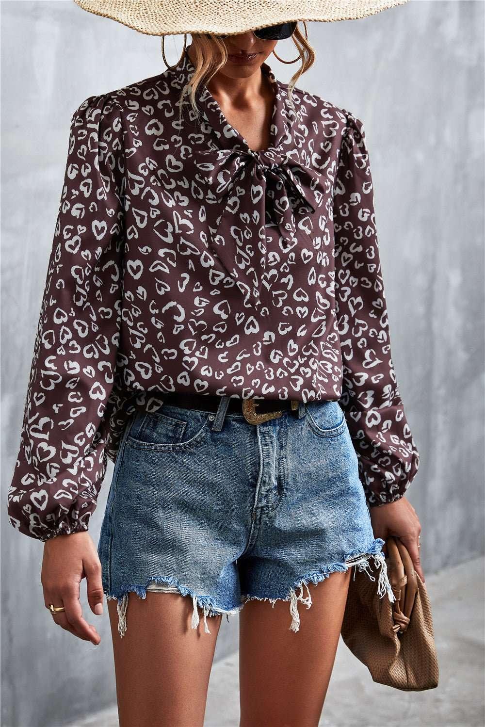 Printed Tie Neck Puff Sleeve Blouse - VILLA FASHION