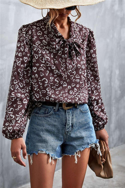 Printed Tie Neck Puff Sleeve Blouse - VILLA FASHION