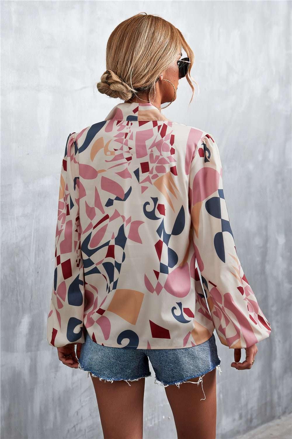 Printed Tie Neck Puff Sleeve Blouse - VILLA FASHION