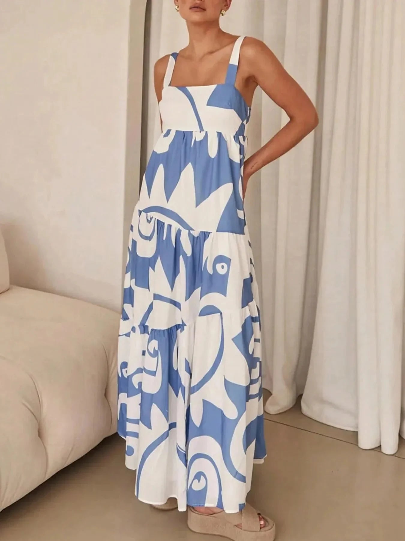 Printed Tiered Square Neck Maxi Dress - VILLA FASHION
