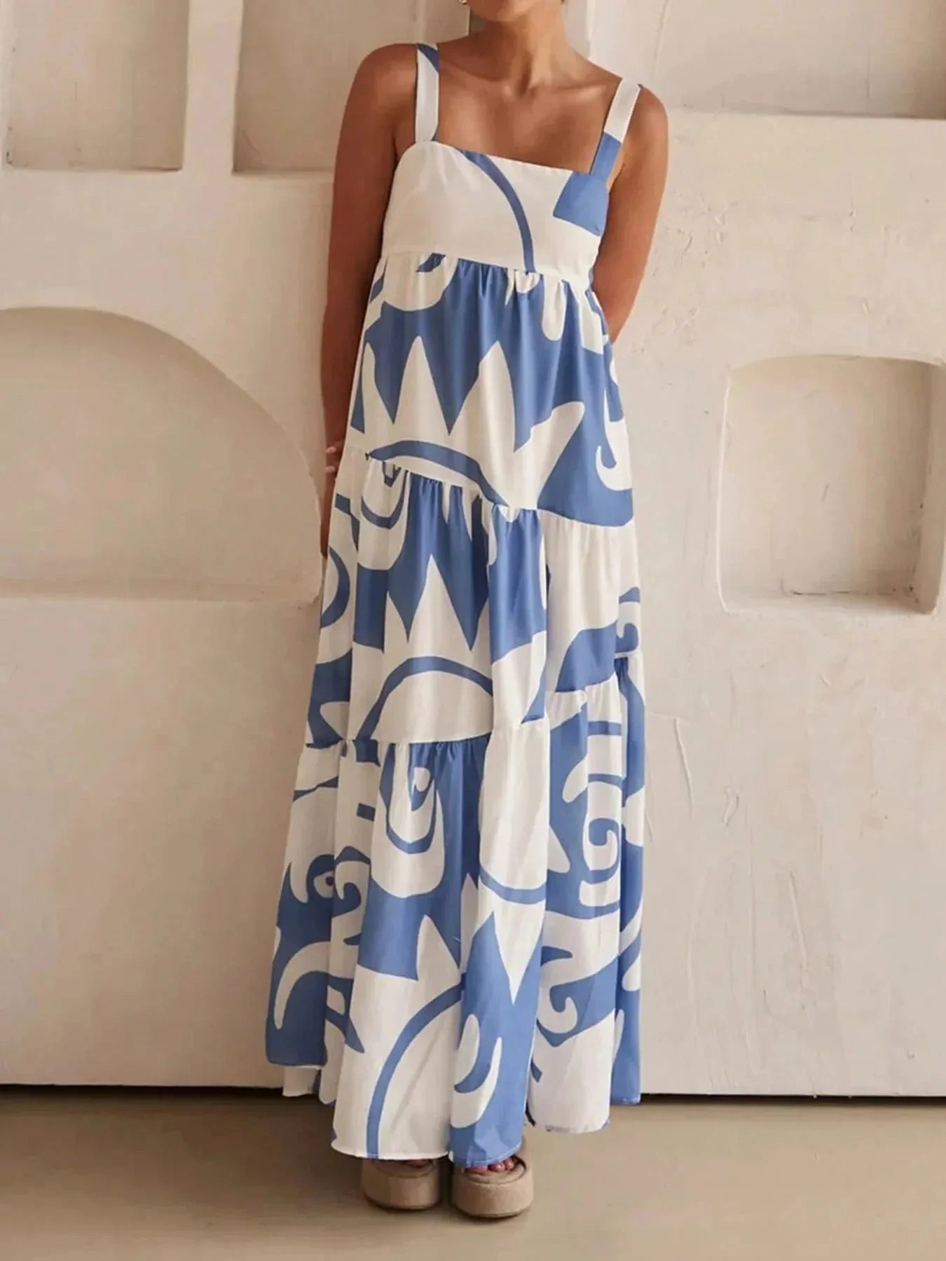 Printed Tiered Square Neck Maxi Dress - VILLA FASHION