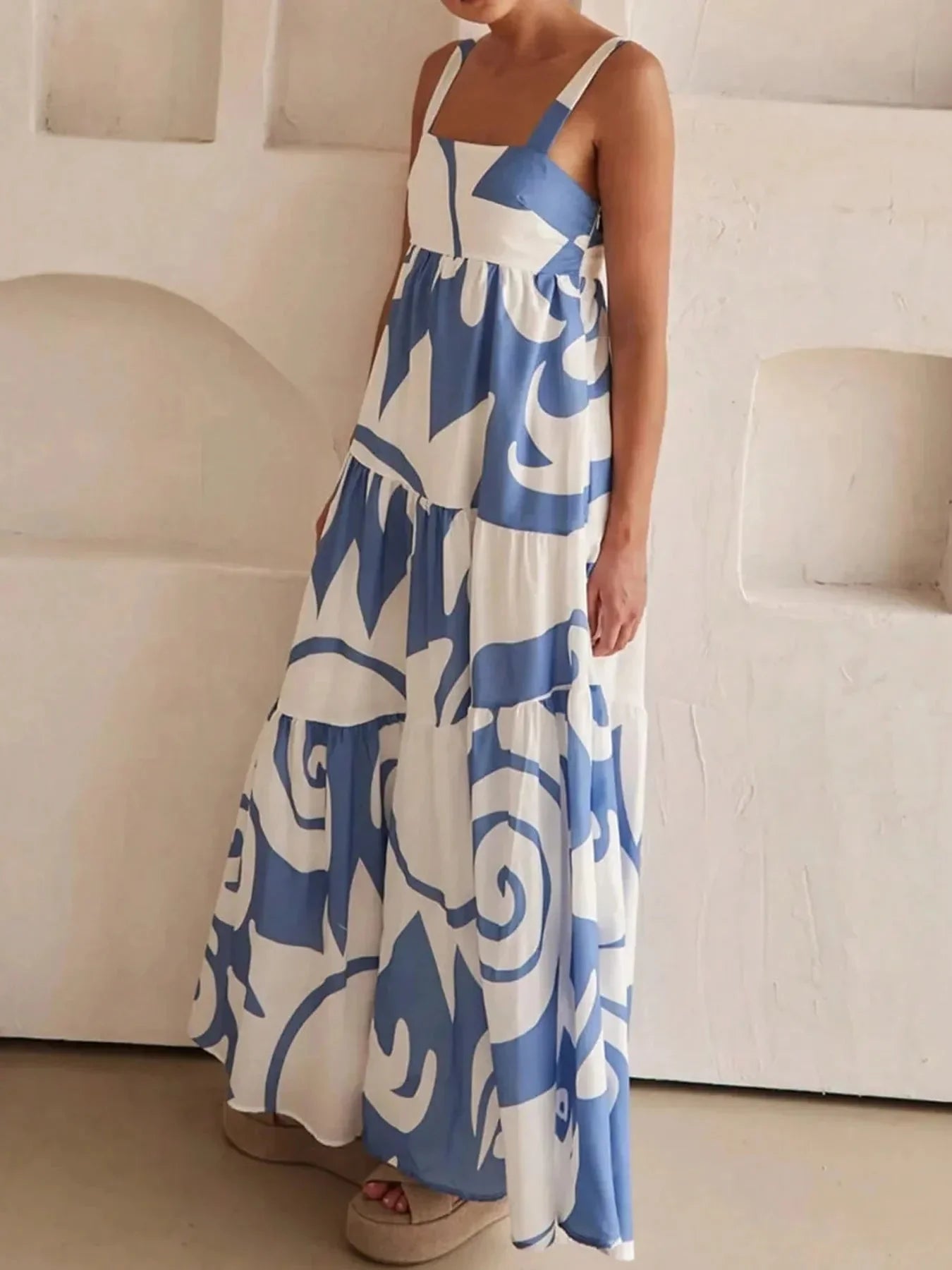 Printed Tiered Square Neck Maxi Dress - VILLA FASHION