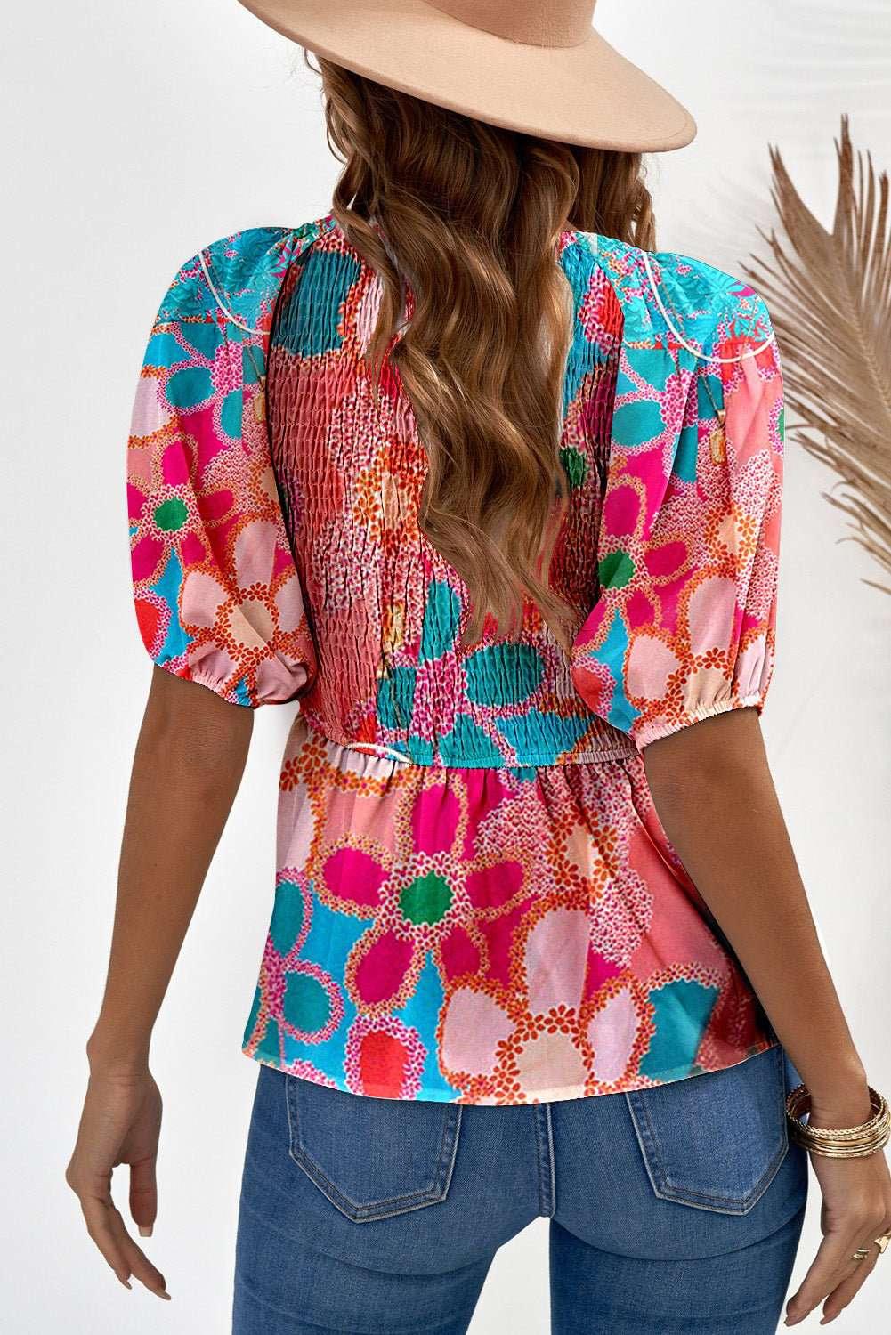Printed V - Neck Babydoll Blouse - VILLA FASHION