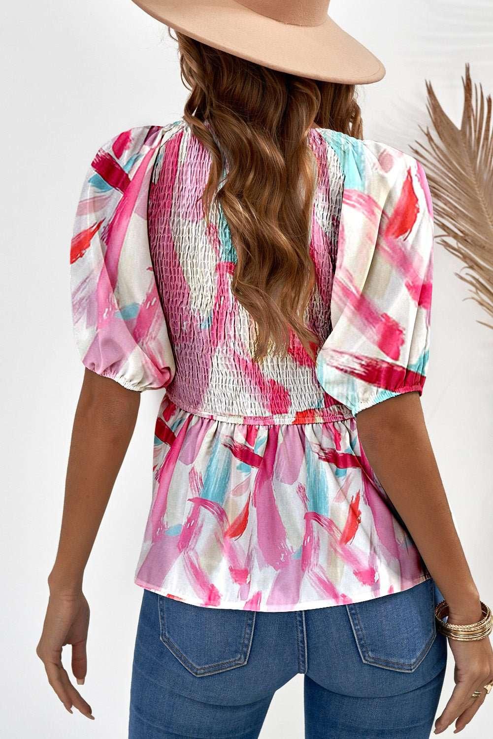 Printed V - Neck Babydoll Blouse - VILLA FASHION