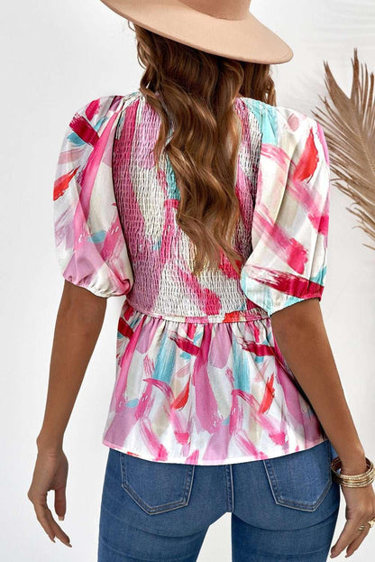 Printed V - Neck Babydoll Blouse - VILLA FASHION