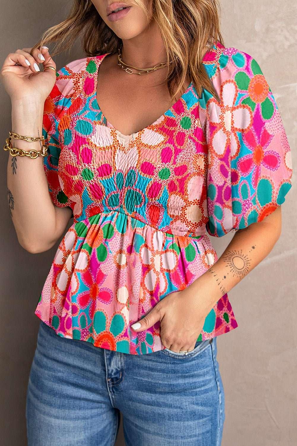 Printed V - Neck Babydoll Blouse - VILLA FASHION