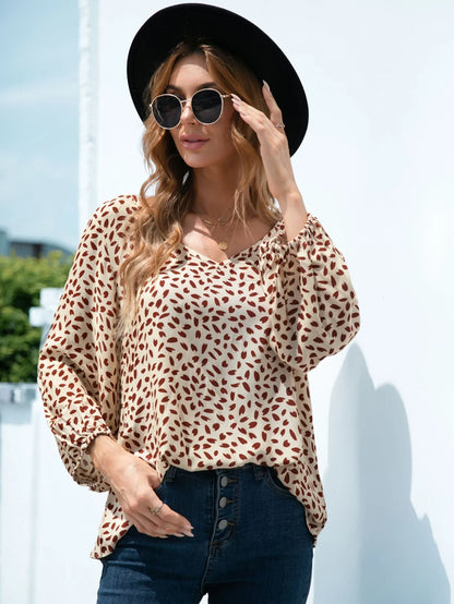 Printed V - Neck Balloon Sleeve Blouse - VILLA FASHION