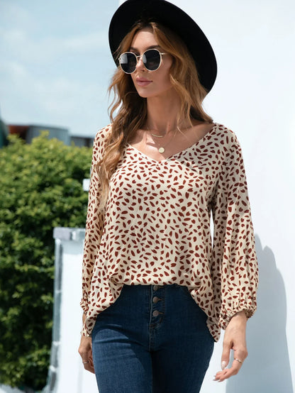 Printed V - Neck Balloon Sleeve Blouse - VILLA FASHION