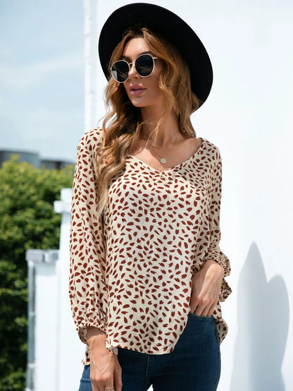 Printed V - Neck Balloon Sleeve Blouse - VILLA FASHION