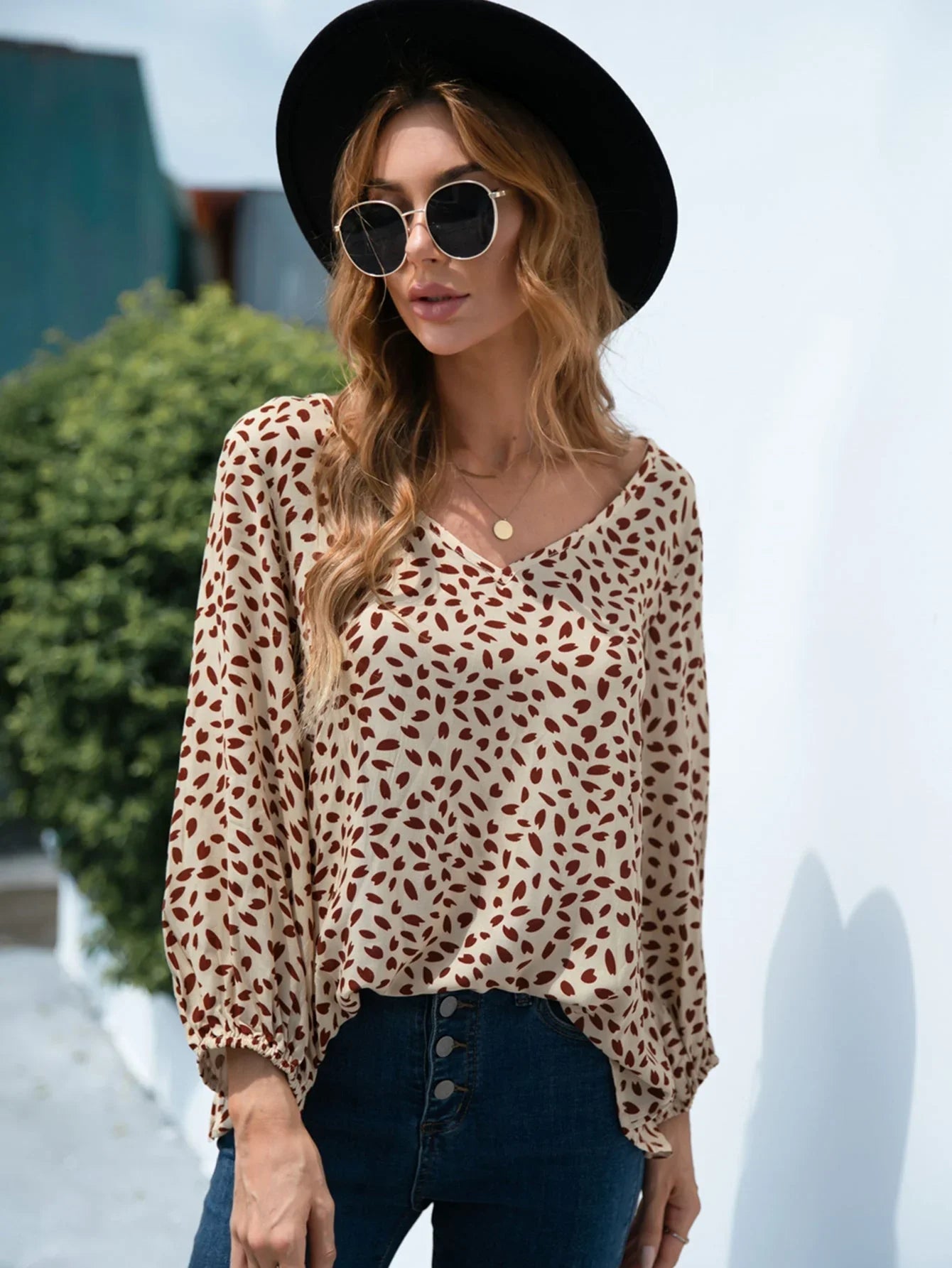 Printed V - Neck Balloon Sleeve Blouse - VILLA FASHION