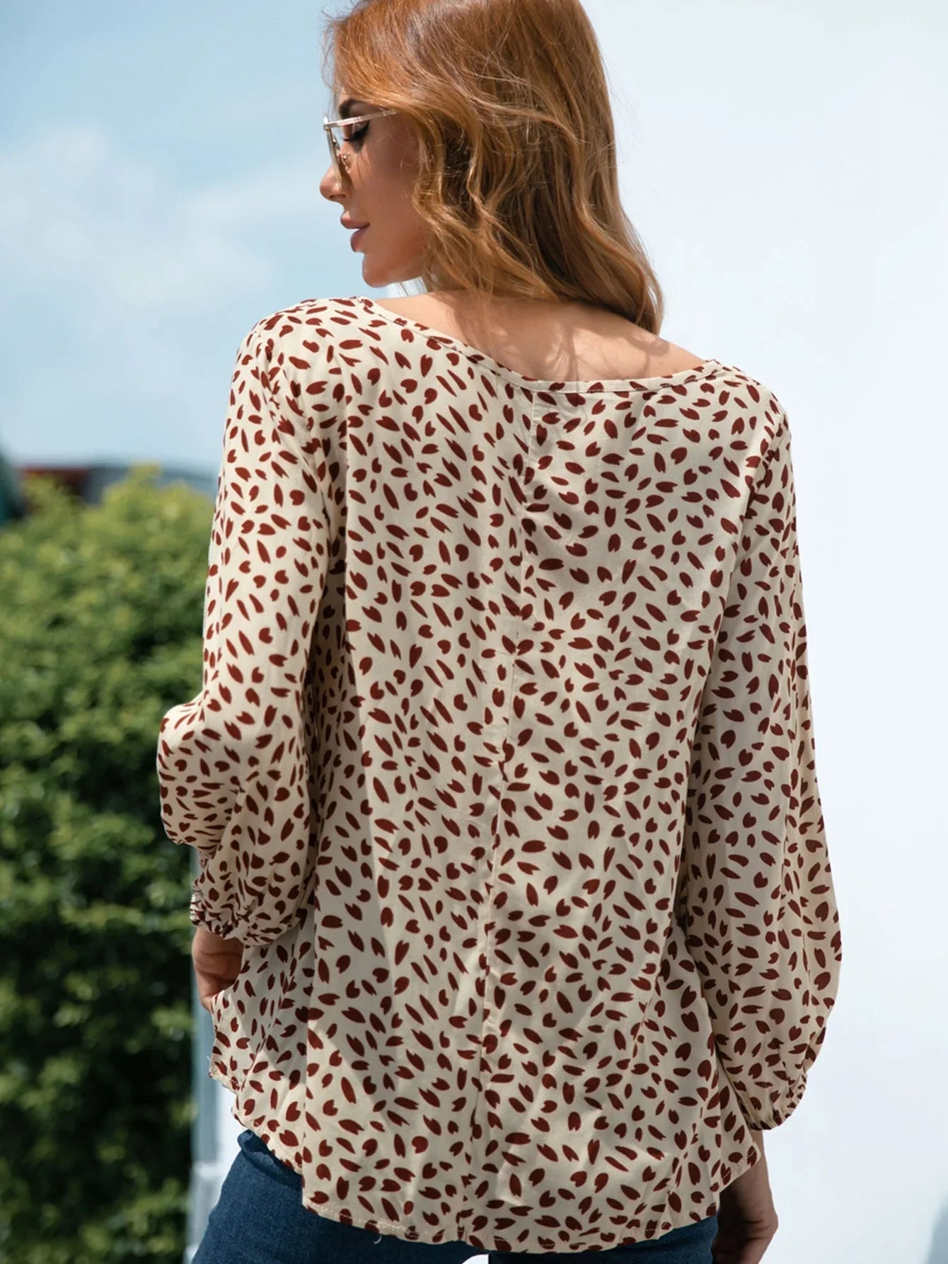 Printed V - Neck Balloon Sleeve Blouse - VILLA FASHION
