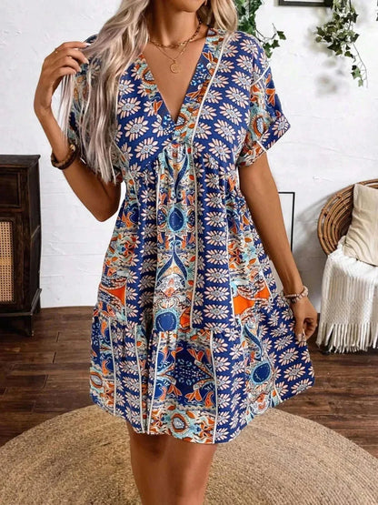 Printed V - Neck Short Sleeve Dress - VILLA FASHION